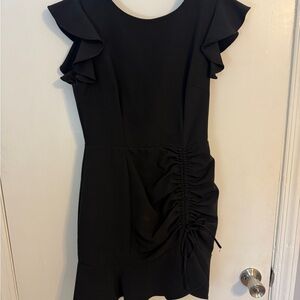 TCEC Black Ruched Ruffle Sleeve Mini Dress